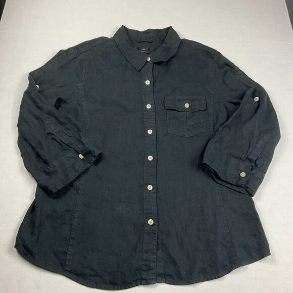 Talbots Irish Linen Button Shirt Black 3/4 Sleeve Classic Work Utility Top Large - Picture 1 of 10